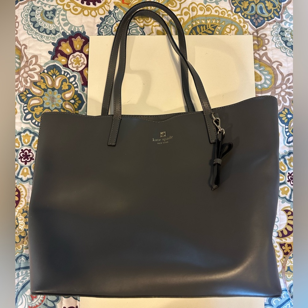 Kate Spade Charcoal Gray Leather Tote Bag with Bow
